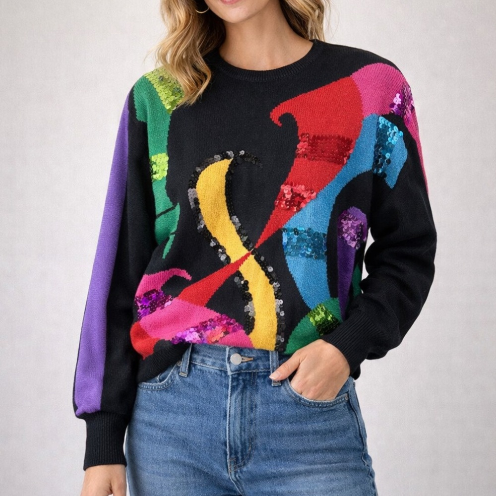 Vintage | Lillie Rubin | Multicolor Groovy Sequin Shoulder Pad Sweater 80s 90s